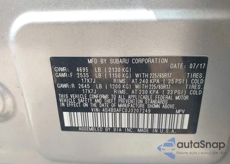 2018 Subaru Outback 2.5I Premium z USA, uszkodzony, nr VIN 4S4BSAFC0J3207249